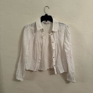 Zara White Cropped Buttoned Top with Notched Collar
